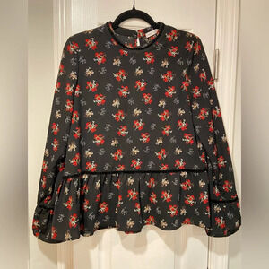 Dex Black Red Ditsy Floral Long Sleeve Peplum Blouse Velvet Trim Button Size M